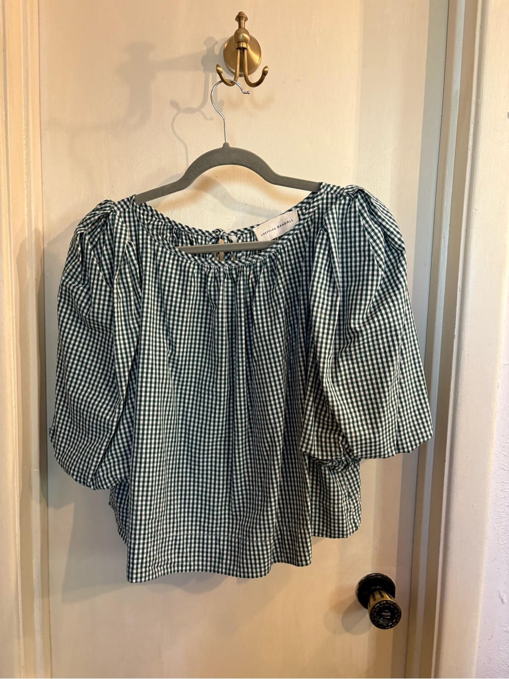 Loeffler Randall Green Gingham Puff-Sleeve Peasant Top